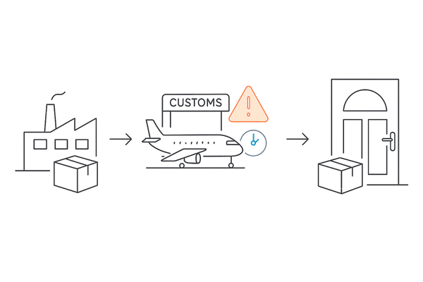 個人輸入の流れと税関リスクのイメージ（海外→税関→自宅配送）