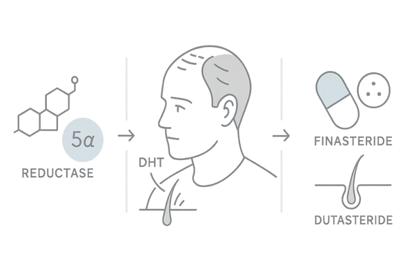 フィナステリドとデュタステリドがDHT生成を抑える流れのイメージ(AGAの作用機序)