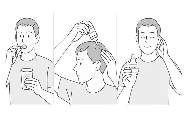 フィンペシア内服とミノキシジル外用の1日ルーティンイメージ（朝・夜）