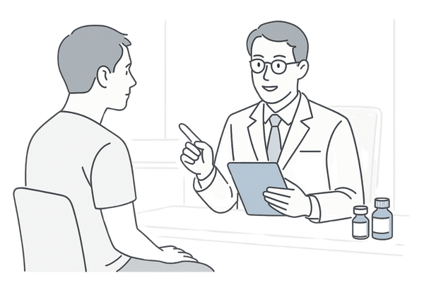 AGAクリニックでフィンペシア・ミノキシジル治療を相談する男性のイラスト