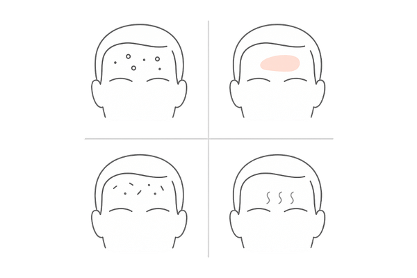 おでこの皮脂トラブル4種（ニキビ・赤み・脂漏性皮膚炎・かゆみ）の図解アイコン