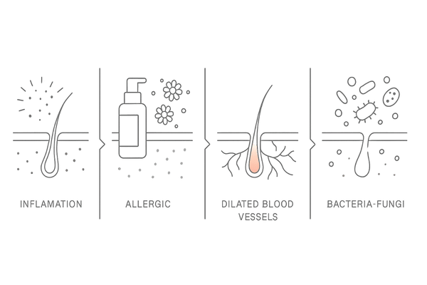 おでこの赤い斑点の原因メカニズム（炎症・アレルギー・毛細血管拡張・感染）図解