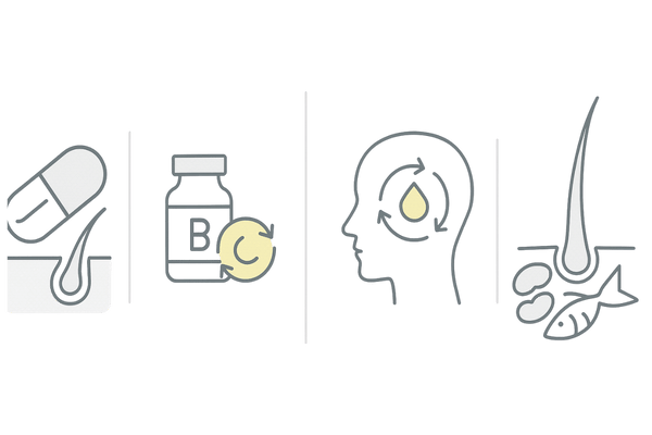 発毛サプリで補いたい主要栄養素（亜鉛・ビタミン・鉄・アミノ酸）のイメージ