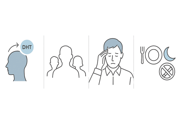 AGAの主な抜け毛原因（ホルモン・遺伝・ストレス・生活習慣）を4分割で示したイラスト