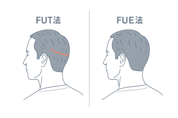 FUT法とFUE法の外科的な違いをわかりやすく示した自毛植毛イメージ