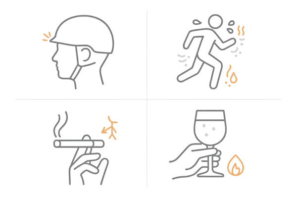 植毛術後に避けたい行動4つ|ヘルメット・激しい運動・喫煙・飲酒の注意アイコン