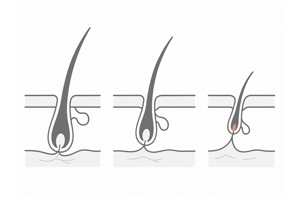 生え際に起きる毛包ミニチュア化の進行図（正常→細毛化→退縮の3段比較）