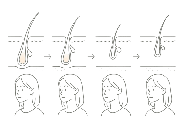 女性の生え際薄毛｜ホルモンと毛周期の関係を示す4ステップ図