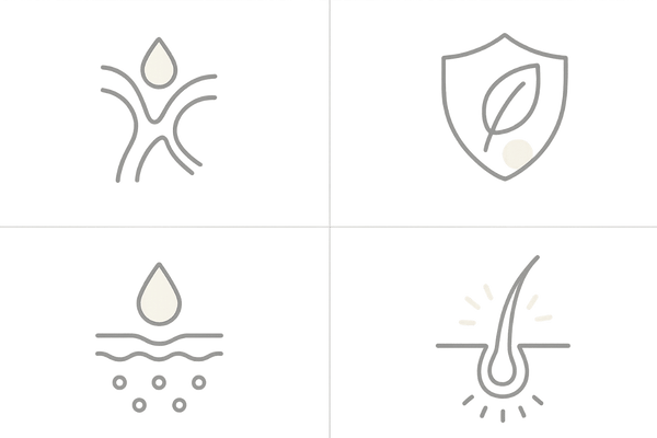 育毛剤の主要アプローチ｜血行促進・抗炎症・保湿・発毛因子の2×2アイコン図