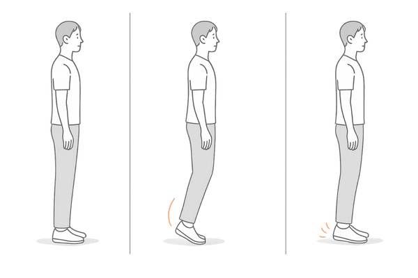 かかと落としを安全に行う3ステップ(姿勢・かかとの上げ下げ・呼吸)の解説イメージ