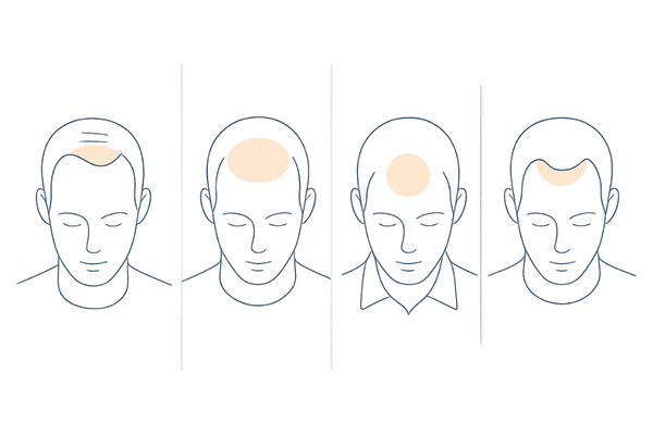 AGAの進行パターンを示す男性の薄毛タイプ比較（M字・U字・O字・複合型）