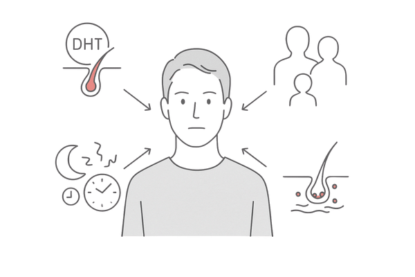 男性型脱毛症の主な原因（ホルモン・遺伝・生活習慣・頭皮環境）のイメージ図