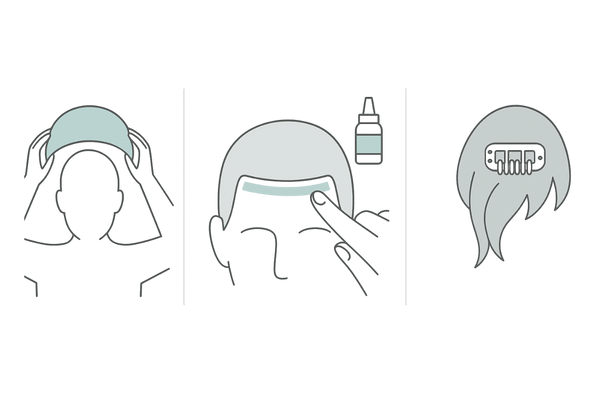 メンズカツラの装着方法の違い（被る・接着テープ/液・クリップ固定）図解