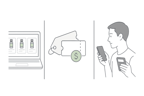 複数の通販サイトでミノキシジルの価格・送料・クーポンを比較するシーン