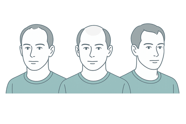 AGAの代表的な薄毛進行パターン（M字・O字・複合型）がひと目でわかる男性向けイメージ
