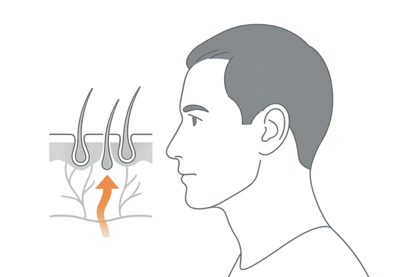 ミノキシジルが頭皮の血行を促して毛根を支えるイメージ図（男性・頭部断面）