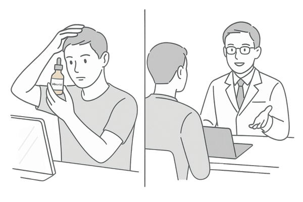 自宅でのミノキシジルケアとAGAクリニック相談を併用する男性のイメージ