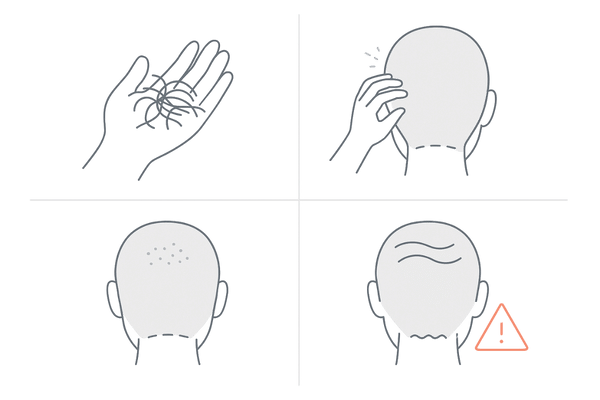 ミノキシジル使用中に医師へ相談すべき症状アイコン(大量脱毛・強いかゆみ/炎症・赤み/湿疹・頭痛/めまい)