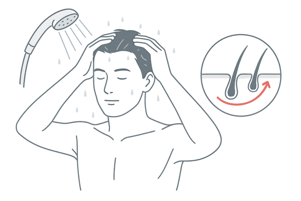 ミノキシジル配合シャンプーの基本的な働きイメージ（洗浄＋血行サポート）