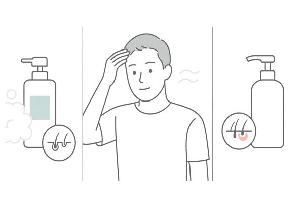 頭皮に優しいミノキシジル配合シャンプーの成分選びを示すイラスト（アミノ酸系・ベタイン系イメージ）