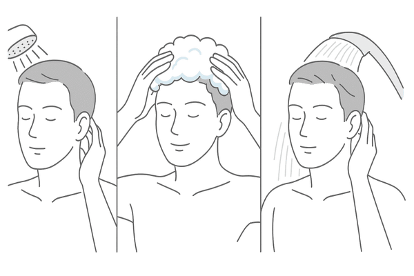 ミノキシジル配合シャンプーの正しい使い方3ステップイラスト（予洗い・マッサージ洗い・すすぎ）