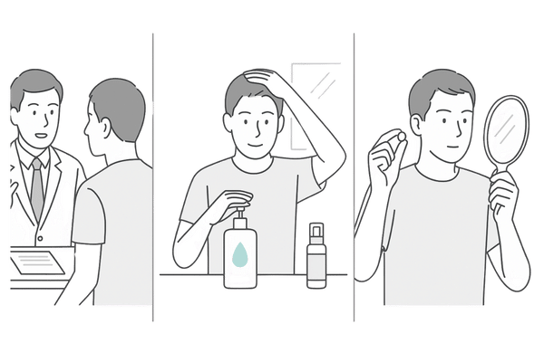 AGA治療（内服薬・外用）とミノキシジル配合シャンプーを組み合わせる男性のケアイメージ