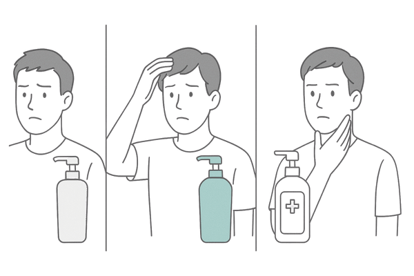 頭皮タイプ別にミノキシジルシャンプーを選ぶ男性のイラスト（さっぱり・しっとり・薬用）