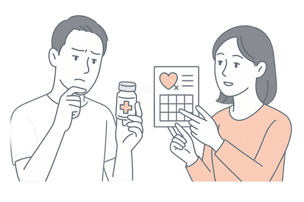 妊活中にプロペシア服用を迷う日本人カップルのイメージ（AGA治療と妊娠準備の両立）