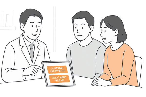 妊活を予定している夫婦が医師にプロペシア継続の可否を相談する場面