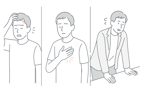 リアップで起こりやすい代表的な副作用(頭皮トラブル・動悸・めまい)のイメージ