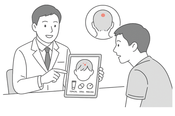 頭皮のニキビ・吹き出物で受診する男性と医師による治療説明イメージ