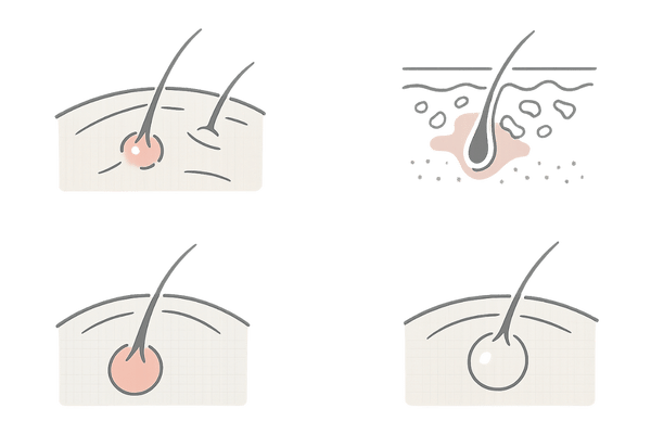 頭皮にできる代表的なブツブツ・できものの種類イメージ(毛嚢炎・脂漏性皮膚炎・接触皮膚炎・粉瘤)