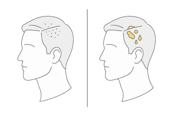 頭皮のフケの種類比較(乾燥による白いフケと脂性・真菌型の黄色いフケの違い)