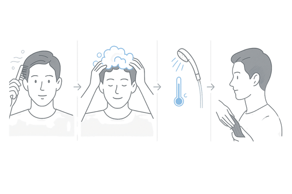 頭皮のフケ対策に役立つ正しい洗髪手順(ブラッシング→泡立て洗い→ぬるま湯すすぎ→トリートメントは毛先)