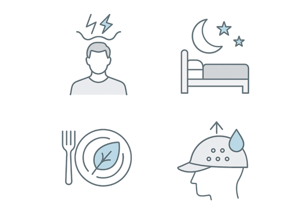 頭皮のかゆみに影響する生活要因（ストレス・睡眠・食事・蒸れ）のアイコンセット