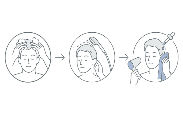 頭皮のかゆみを抑える正しいケア手順（洗髪・すすぎ・乾燥＆保湿）3ステップ図