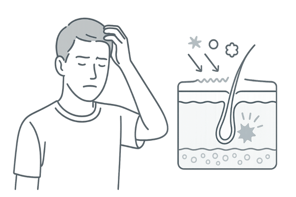 頭皮バリア機能の低下でかゆみ・湿疹が起こる流れを説明するイラスト