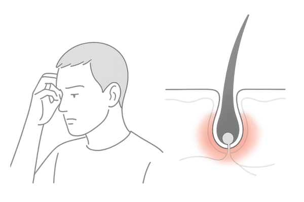 頭皮の炎症が毛母細胞と髪の成長を妨げる様子を示すイラスト