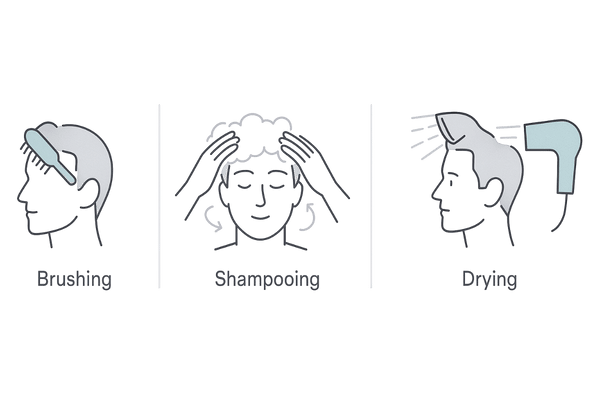 正しい洗髪手順のフロー図|ブラッシング→シャンプー→すすぎ→ドライで頭皮のにおい対策