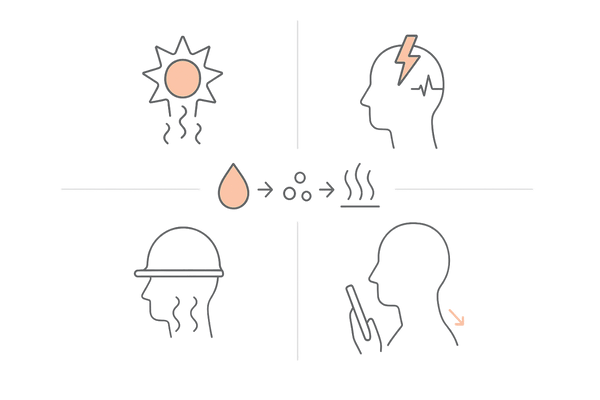 頭の臭いの主な原因を4象限で図解(高温多湿・ストレス・帽子/ヘルメット・長時間同一姿勢)