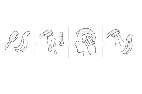 頭の臭いを抑える正しい洗髪4ステップ(ブラッシング→予洗い→指の腹で洗う→すすぎ&毛先コンディショナー)