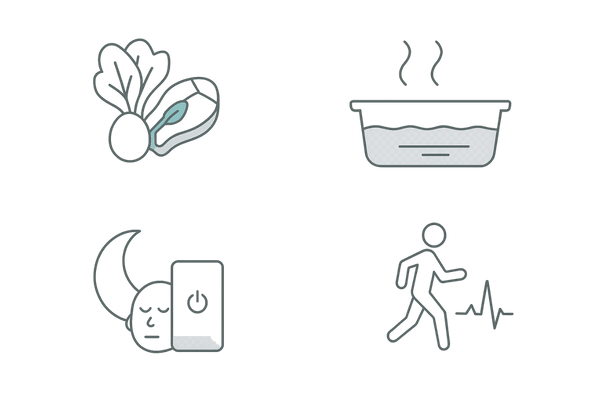 頭の匂い対策に効く生活習慣の4象限アイコン(食事・入浴・睡眠・軽い運動)