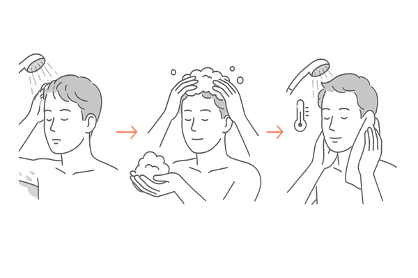 正しい洗髪方法の3ステップ（予洗い→泡立て・指の腹→すすぎ＆タオルドライ）