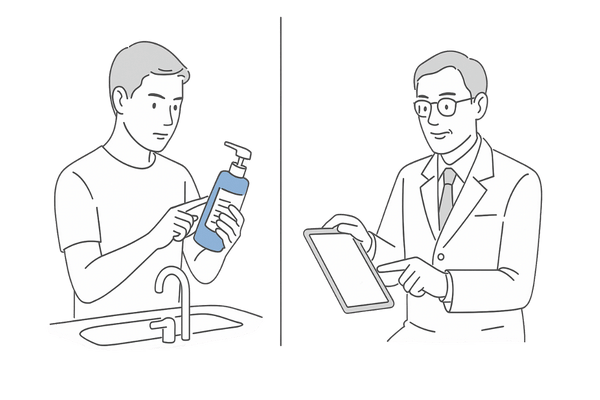 頭皮の白い粉・フケに合わせたシャンプーと皮膚科相談の選び方図