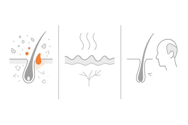 脂漏性皮膚炎とAGAの違いを直感で把握できる3パネル比較イラスト（男性向け頭皮ケア）