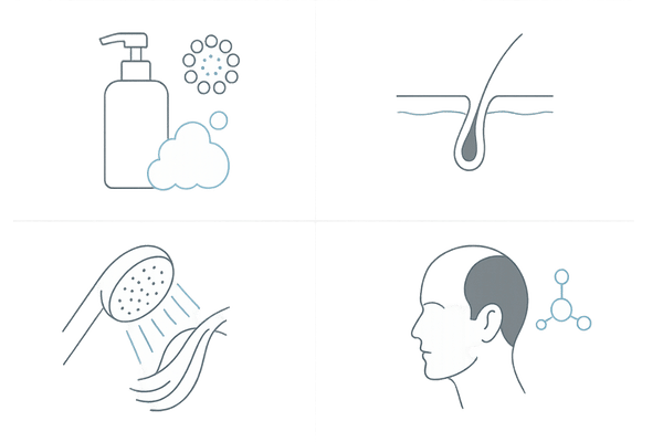 シャンプーをやめる背景の4要素を示すアイコン図（頭皮ケア）