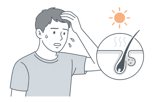 夏の高温多湿による頭皮の蒸れと皮脂詰まりを説明する男性向けイラスト