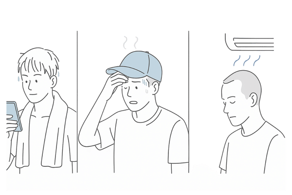 濡れ髪放置・帽子のかぶりっぱなし・冷房での冷えが夏の抜け毛を悪化させる様子のイラスト