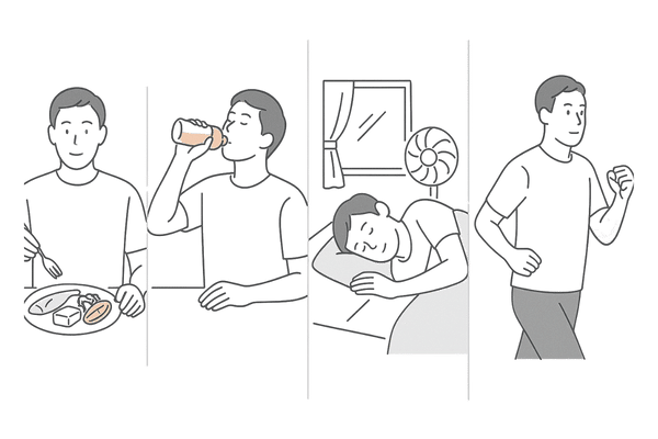 水分・食事・睡眠・軽い運動で夏の抜け毛を内側から予防する生活習慣イラスト