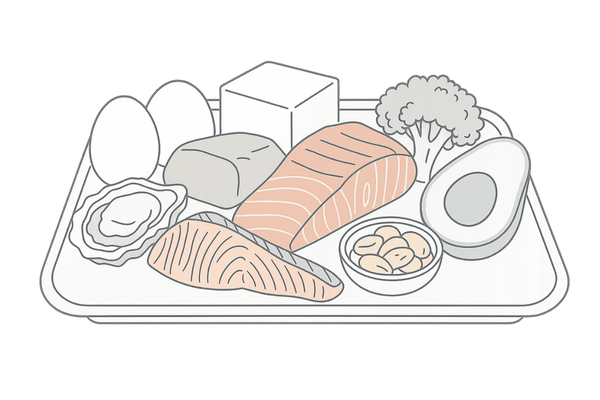 テストステロン維持を意識した主要食材セット（卵・牡蠣・赤身肉・鮭・ブロッコリー・ナッツ）
